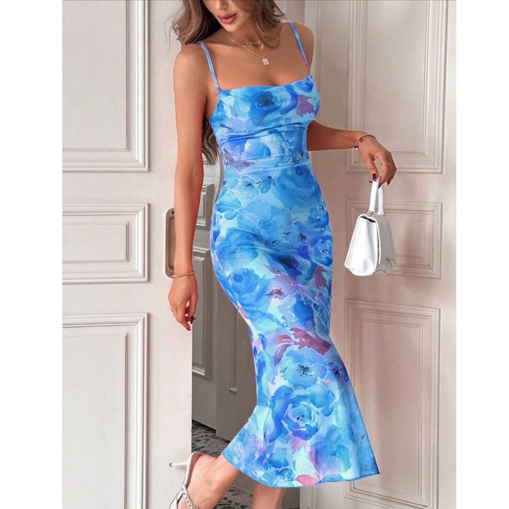 Blue Floral Rose Mesh Maxi Dress